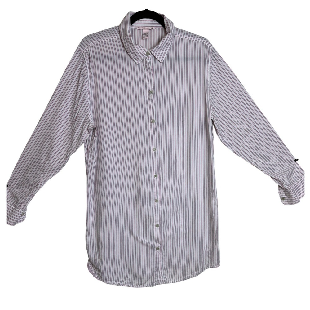 Victoria's Secret Sleep Shirt Womens Large Pink Striped Lace Trim Button Down PJ